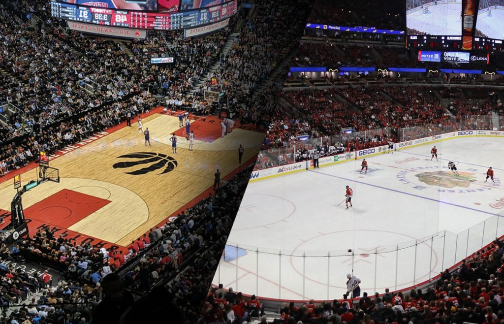 Un montage de deux salles de sports côte à côte. On peut y voir un terrain hockey de la ligue NHL, ainsi qu'un terrain de basket NBA.